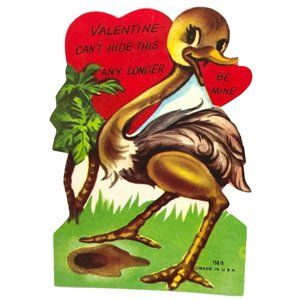 Vintage Valentines Day Greeting Card Ostrich Be Mine Can't Hide Big Bird 50s